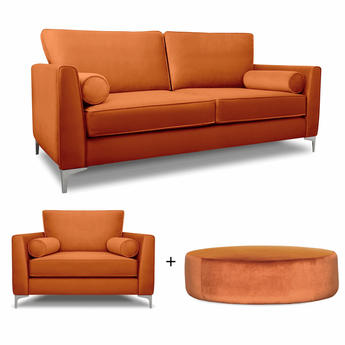 Alena 3 Seater Sofa + Love Chair + Round Footstool Set - Choice Of Colours - The Furniture Mega Store 