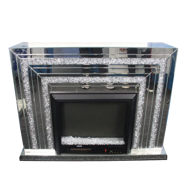 Crushed Diamond Mirrored Fire Surround With Integrated Colour Changing Electric Fire - The Furniture Mega Store 