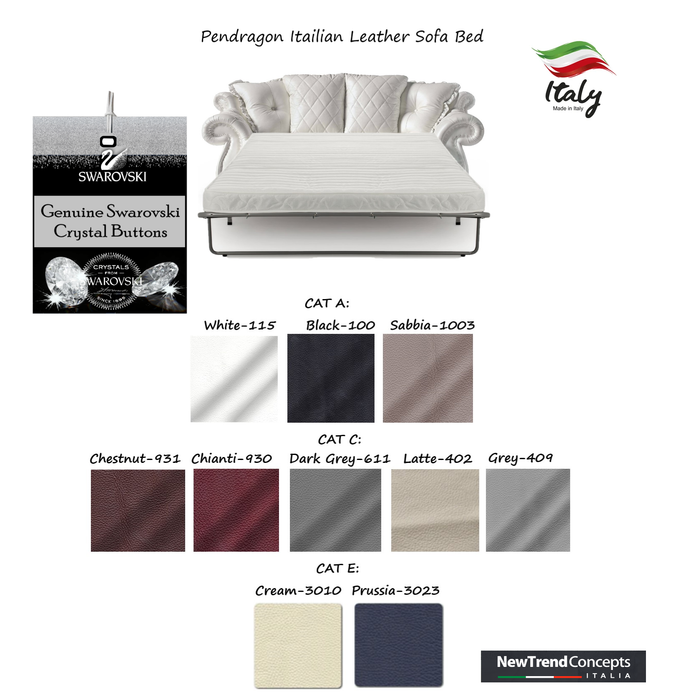 Pendragon Italian Leather Sofa Bed - Choice Of Leathers & Optional Swarovski Crystal Buttons. - The Furniture Mega Store 