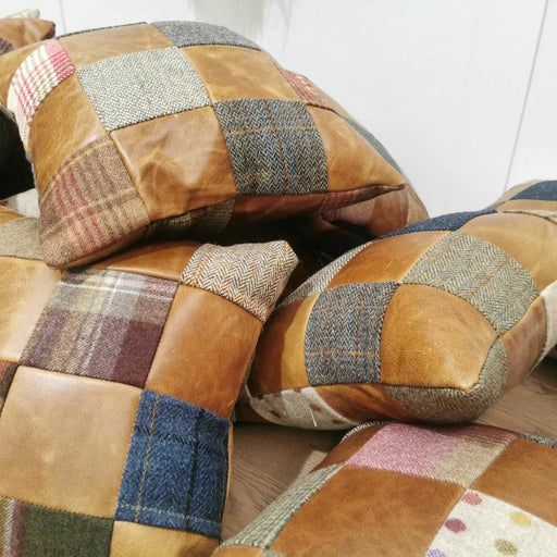 Patchwork Vintage Leather & Harris Tweed Filled Scatter Cushion 40 X 40 - The Furniture Mega Store 